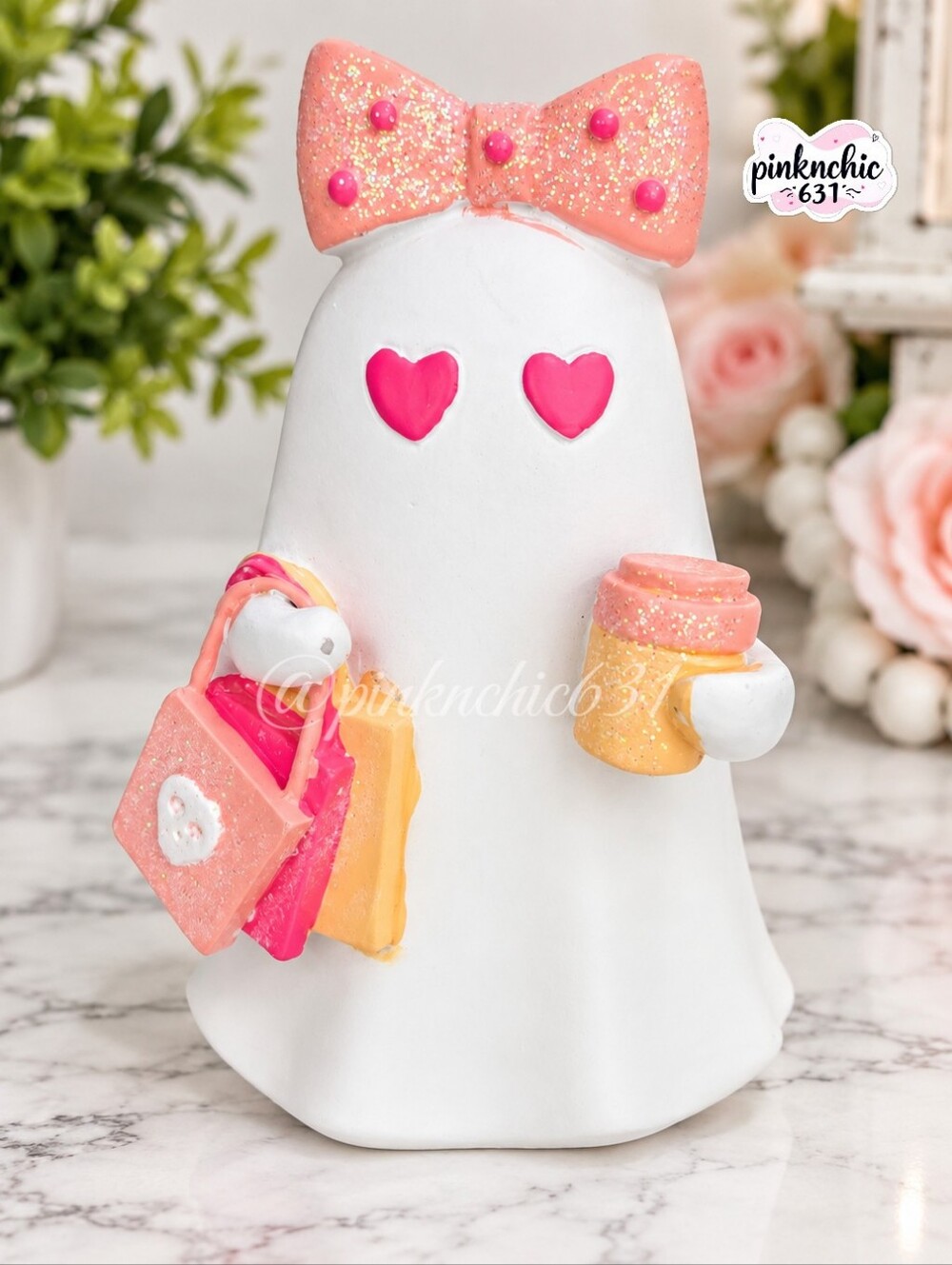 Pink Halloween Shopping Ghost Figurine Glitter Bow Heart Eyes Decor